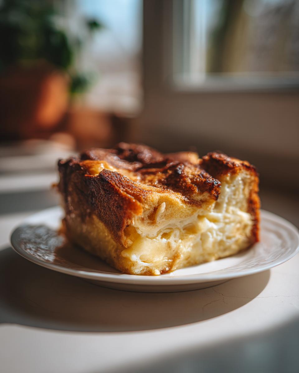 A close-up of a single, thick slice of amazing baked french toast with a golden-brown, caramelized top, served on a white plate.
