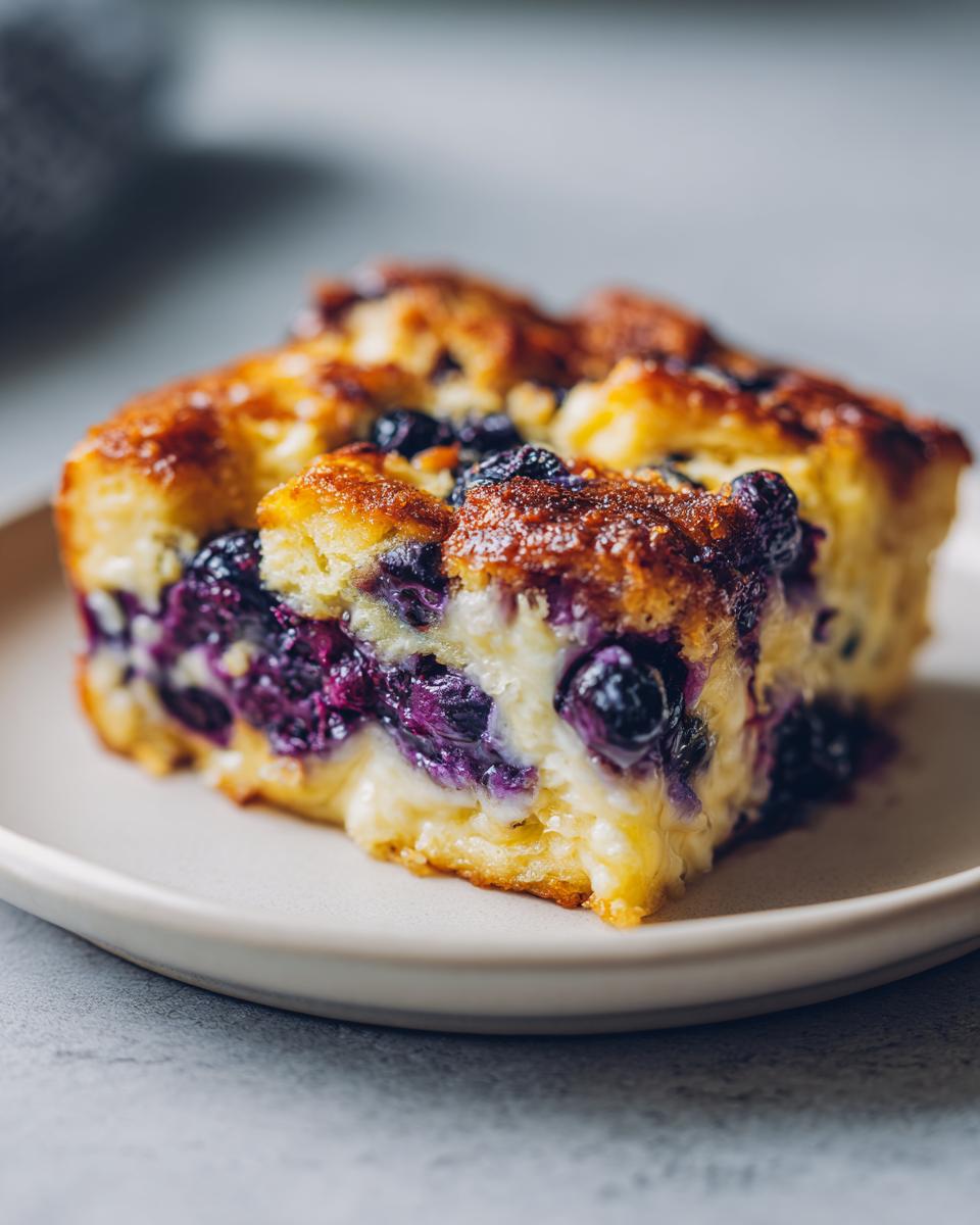 Close-up of a rich, moist slice of Blueberry French Toast Casserole showing baked custard and bursting blueberries.