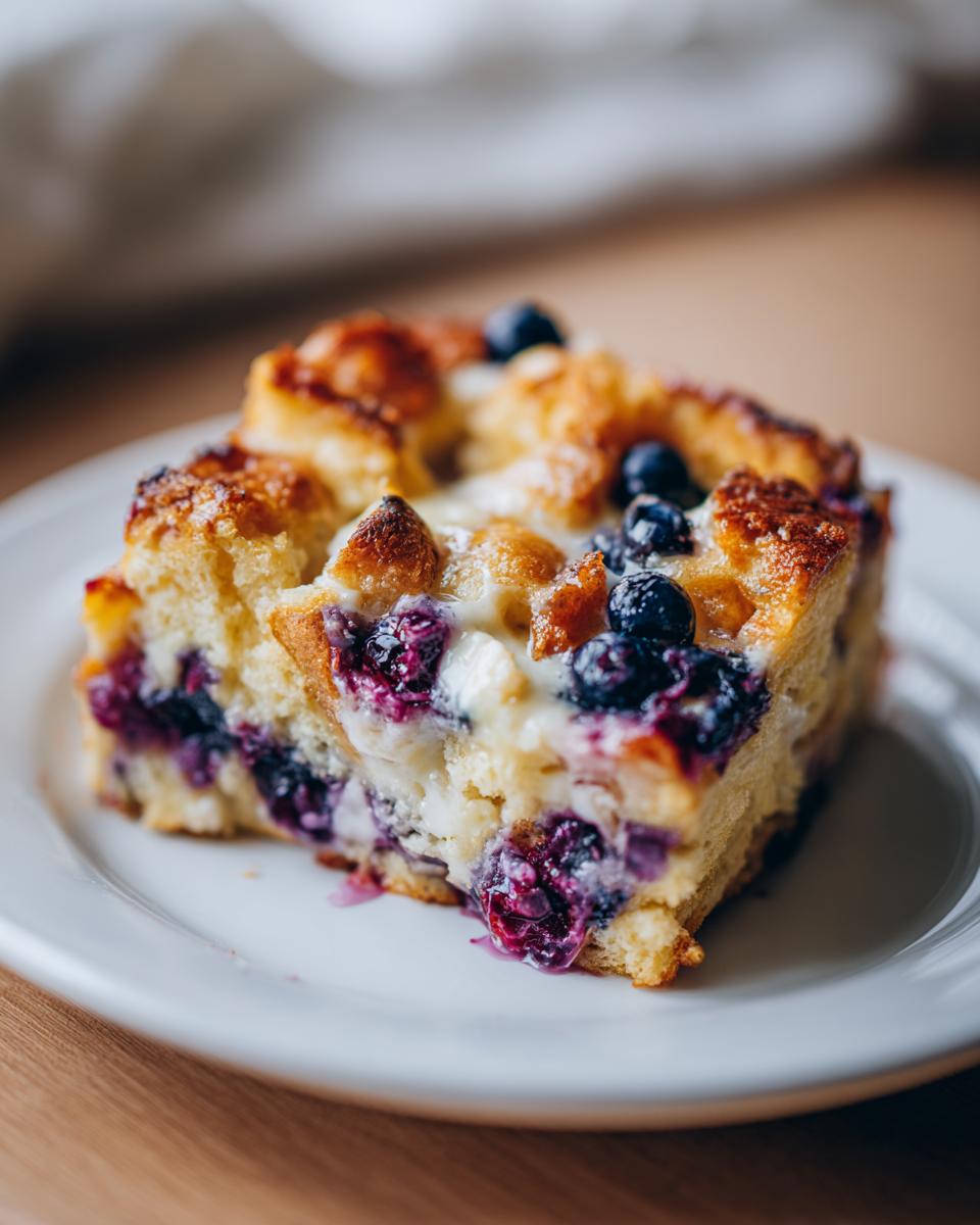 A close-up of a warm slice of Blueberry French Toast Casserole featuring golden-brown edges and juicy baked blueberries.