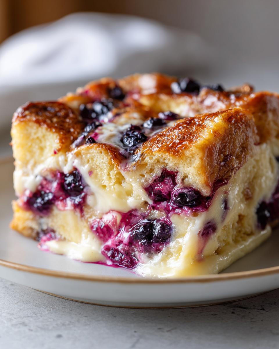 Close-up of a moist slice of Blueberry French Toast Casserole showing bread soaked in custard, bursting blueberries, and creamy sauce.