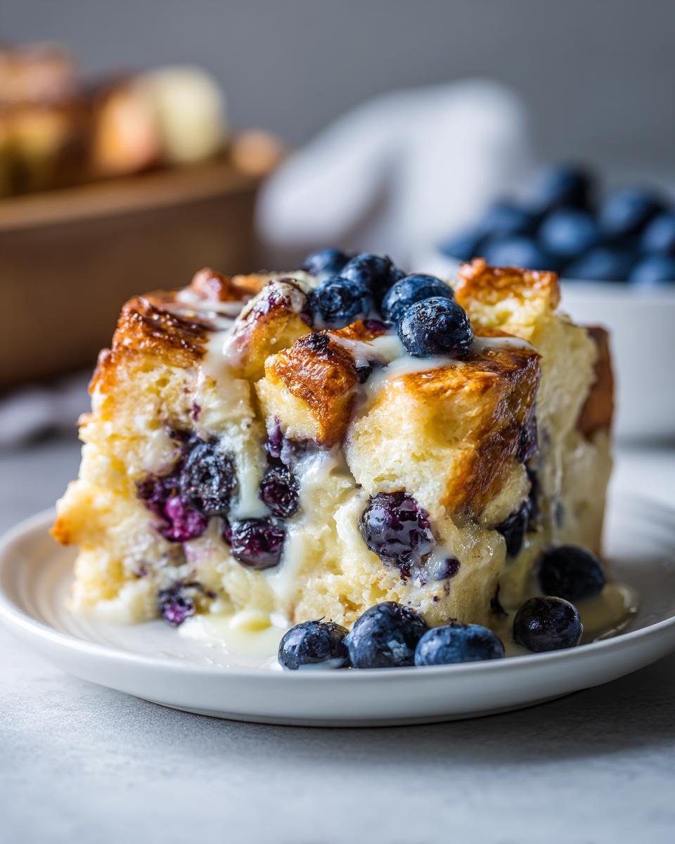 A close-up of a serving of Blueberry French Toast Casserole topped with fresh blueberries and white glaze.