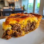 A close-up slice of savory cheeseburger pie showing a thick layer of seasoned ground beef filling topped with bubbly, browned cheddar cheese.