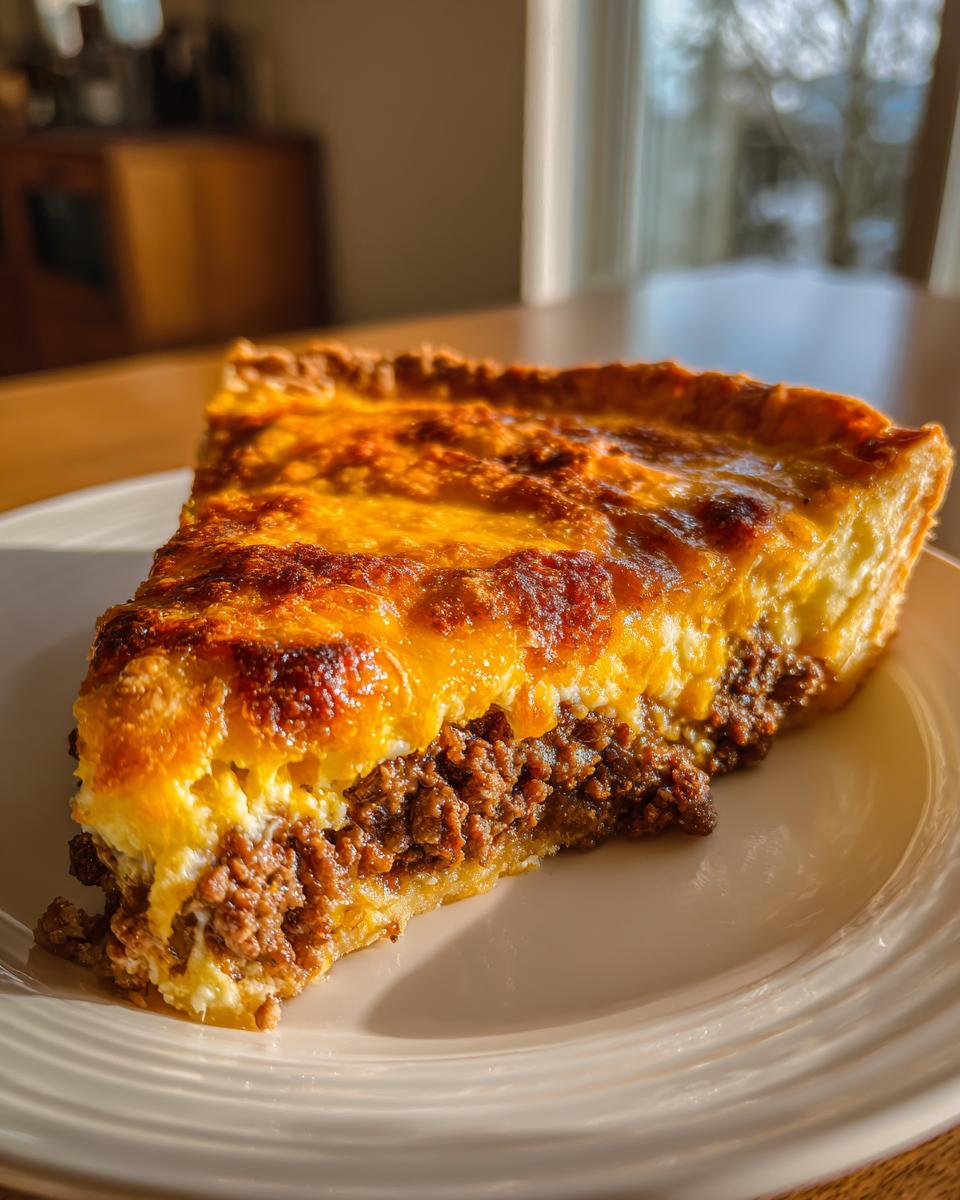 A thick slice of cheeseburger pie showing a layer of seasoned ground beef topped with a baked, golden-brown egg and cheese mixture.