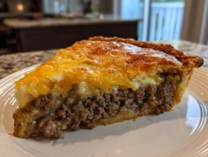 A close-up of a savory slice of cheeseburger pie showing a thick layer of seasoned ground beef filling and melted cheese under a golden, flaky crust.