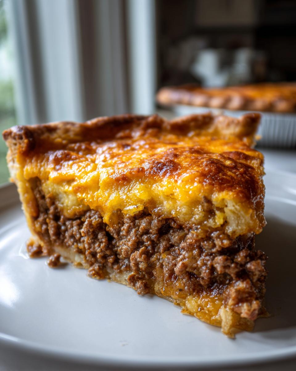 A thick slice of amazing cheeseburger pie showing a savory ground beef filling topped with melted, browned cheese.