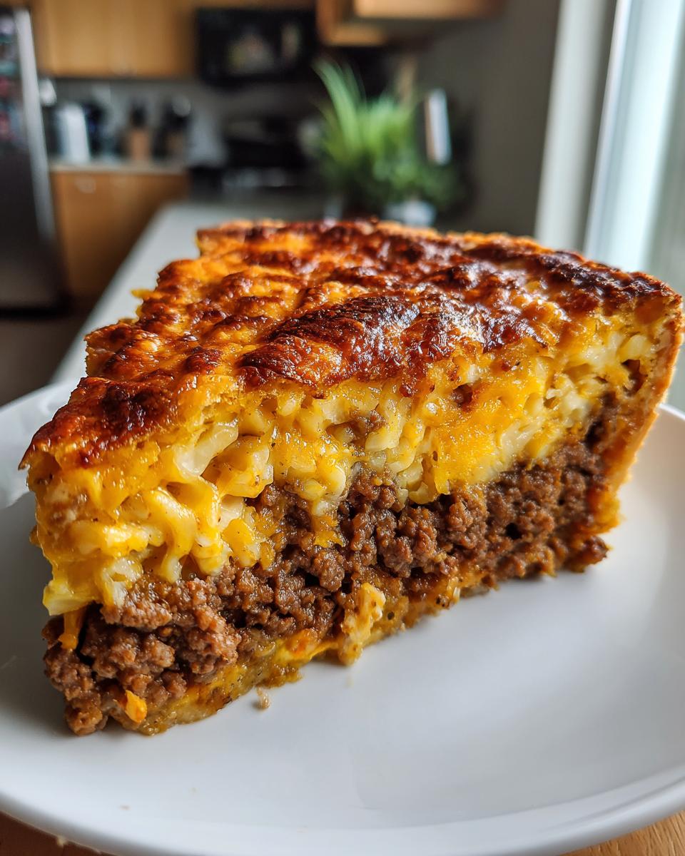 A thick slice of cheeseburger pie showing a bottom layer of seasoned ground beef and a top layer of cheesy macaroni, baked golden brown.