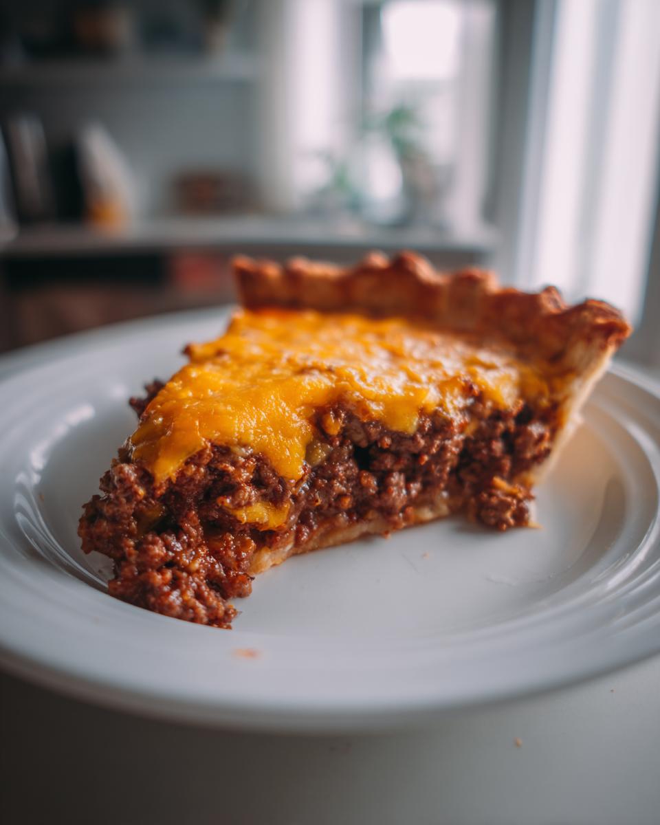A close-up, appetizing slice of cheeseburger pie featuring a rich meat filling and a thick layer of melted cheddar cheese on a white plate.