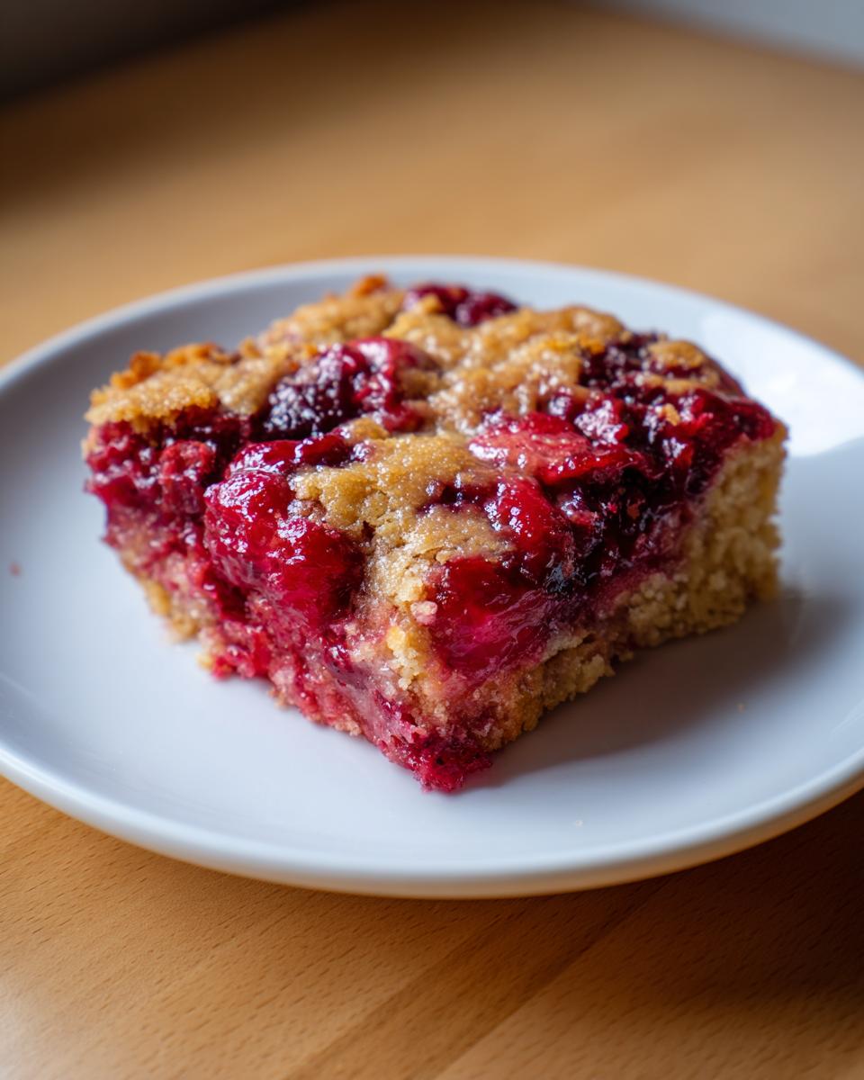 A close-up of a square slice of moist cherry dump cake with a crumbly golden topping on a white plate.