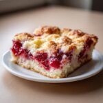 A close-up of a square slice of moist cherry dump cake with a golden crumb topping on a white plate.