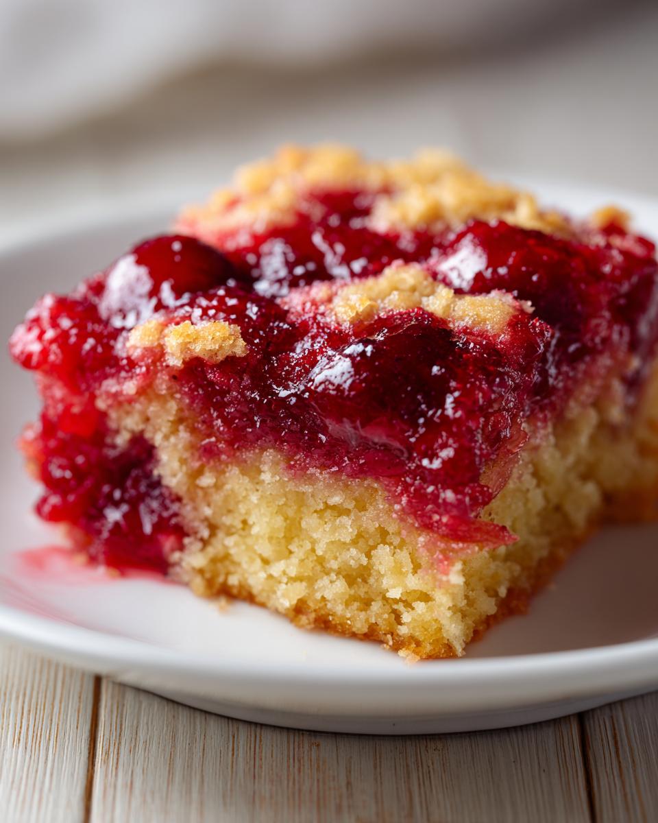 Close-up of a moist slice of cherry dump cake showing the bright red cherry filling and golden cake base.