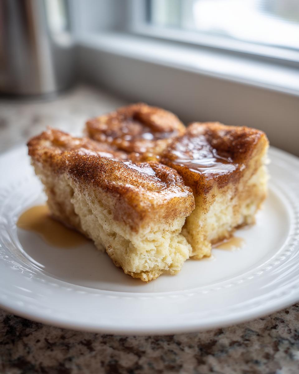 Three squares of moist baked french toast topped with cinnamon sugar and drizzled with syrup.