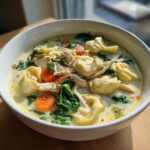 Close-up of a hearty bowl of creamy chicken tortellini soup with shredded chicken, carrots, and spinach.