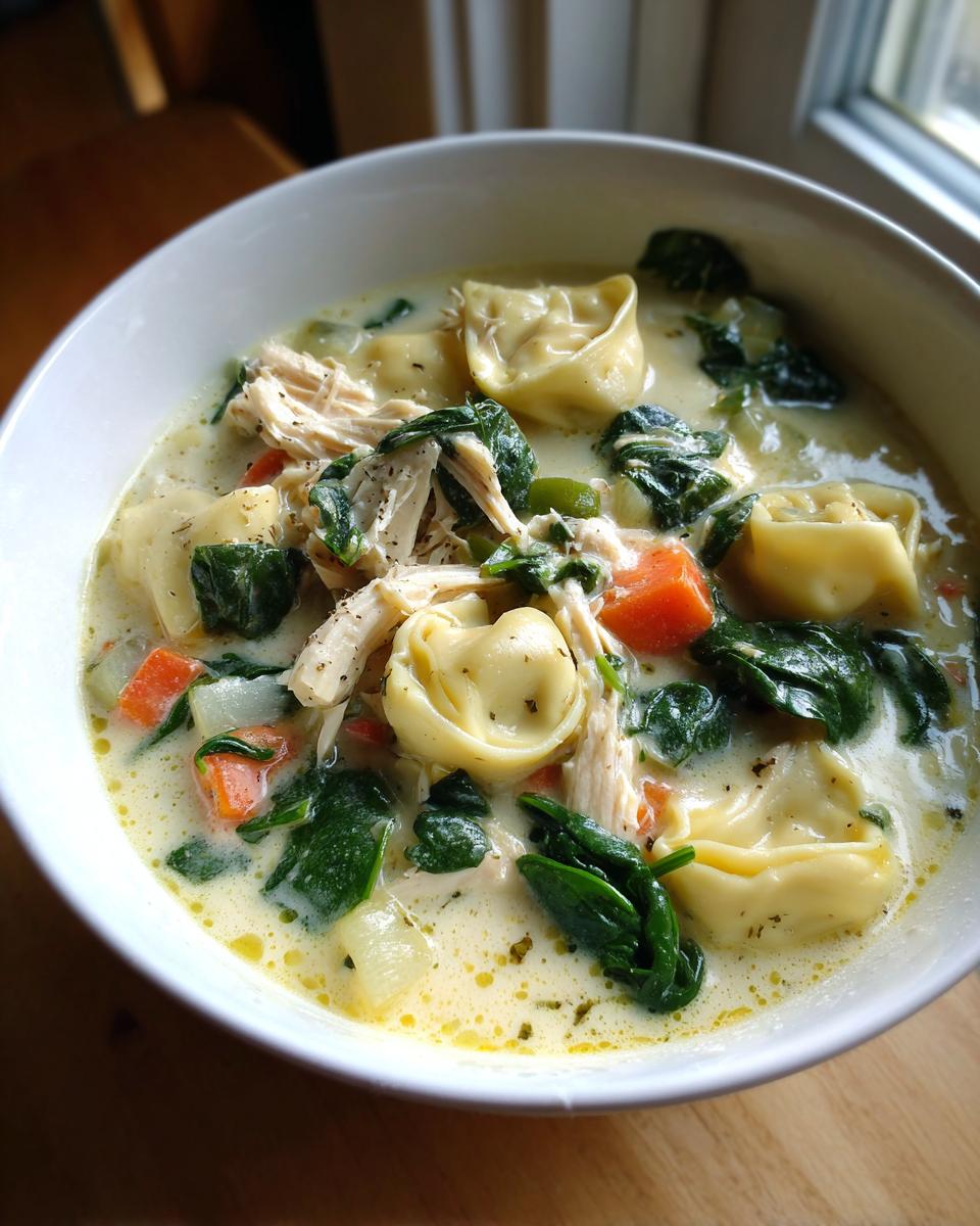 Close-up of a creamy chicken tortellini soup filled with tortellini, shredded chicken, spinach, and carrots.