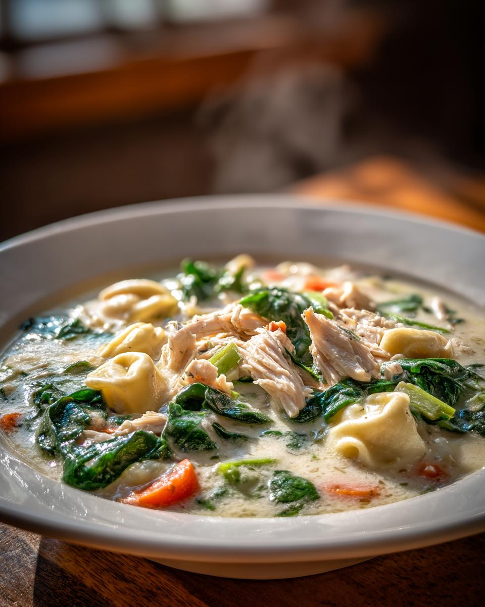Close-up of a steaming bowl of creamy chicken tortellini soup filled with shredded chicken, spinach, and carrots.