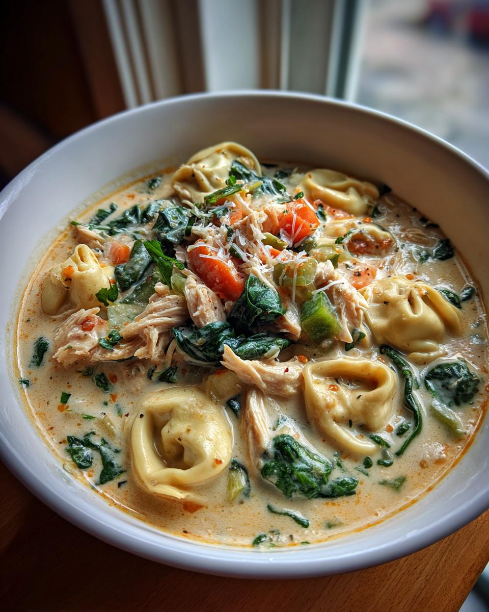 Close-up of a hearty bowl of creamy chicken tortellini soup with spinach, shredded chicken, and grated Parmesan cheese.