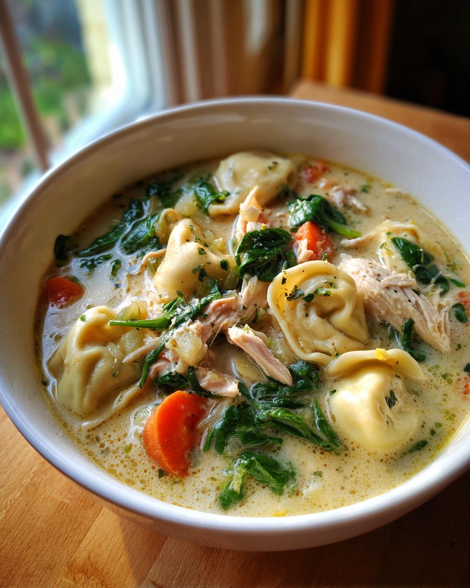 Close-up of a creamy chicken tortellini soup bowl filled with tortellini, shredded chicken, spinach, and carrots.