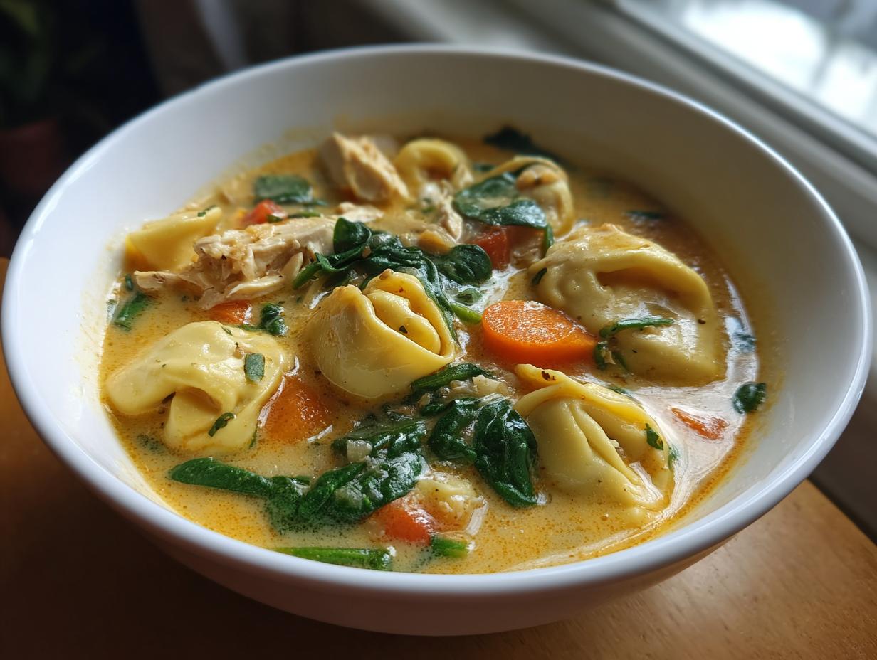 Close-up of a white bowl filled with creamy chicken tortellini soup, featuring tortellini, shredded chicken, carrots, and spinach.