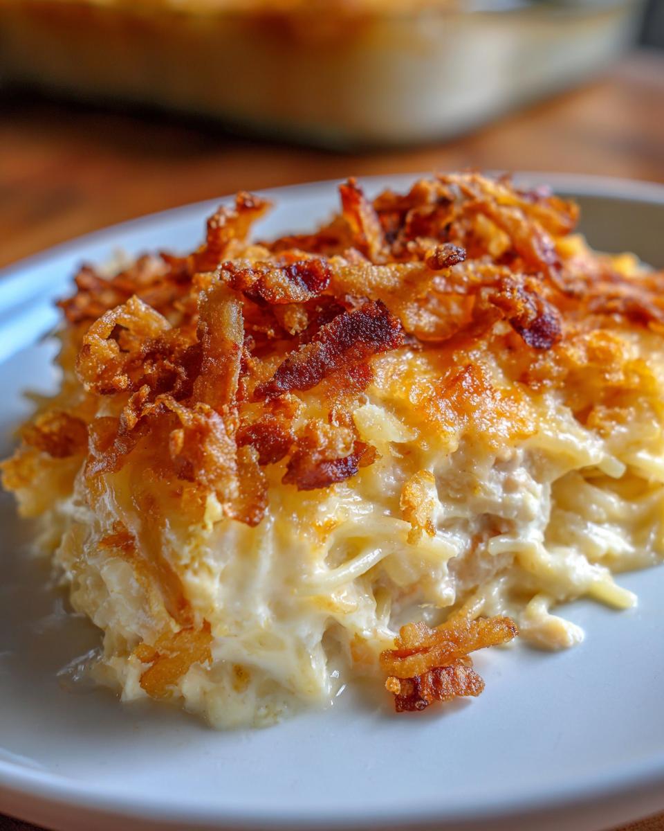 A close-up serving of creamy Monterey chicken spaghetti topped with crispy fried onions.