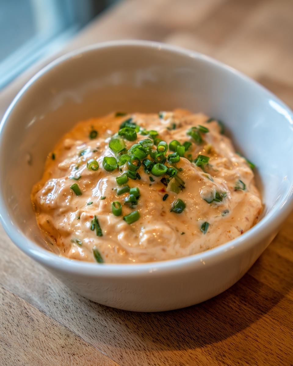 A close-up of creamy, orange-hued remoulade sauce topped with chopped green chives in a small white bowl.