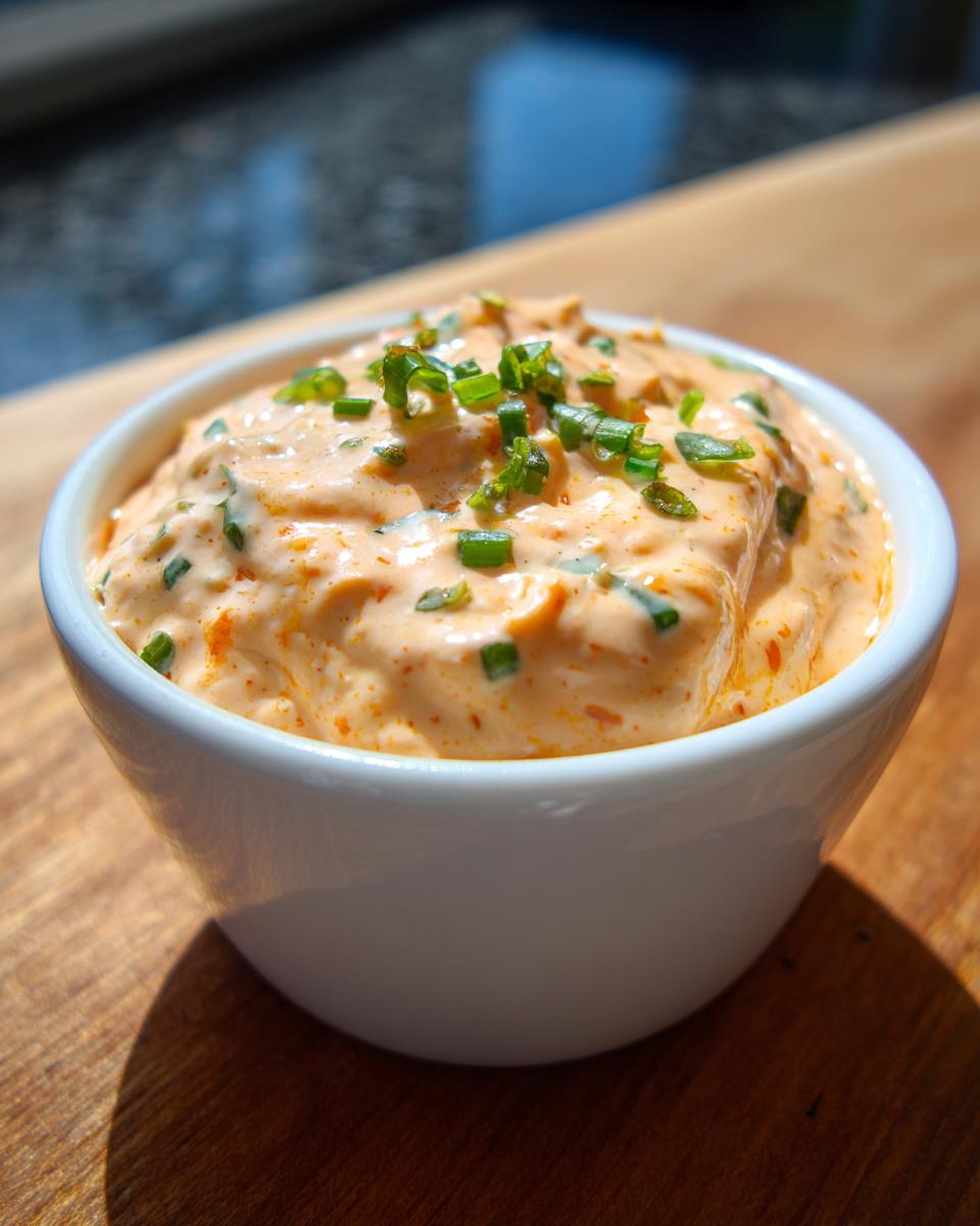 Close-up of a small white bowl filled with creamy, orange-hued remoulade sauce, garnished with fresh green chives.