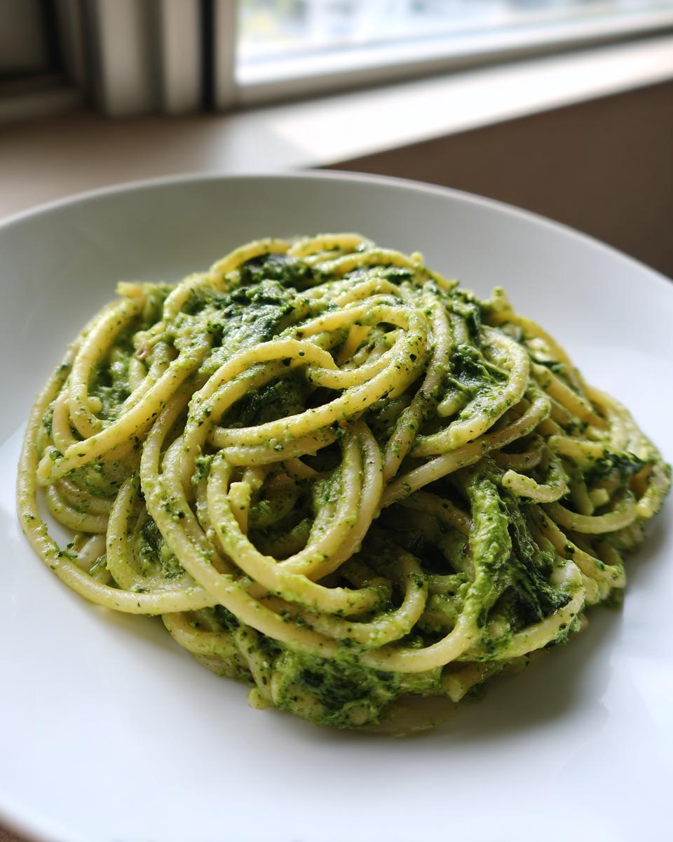 A close-up shot of thick spaghetti coated in a vibrant green, creamy spinach pasta sauce served on a white plate.
