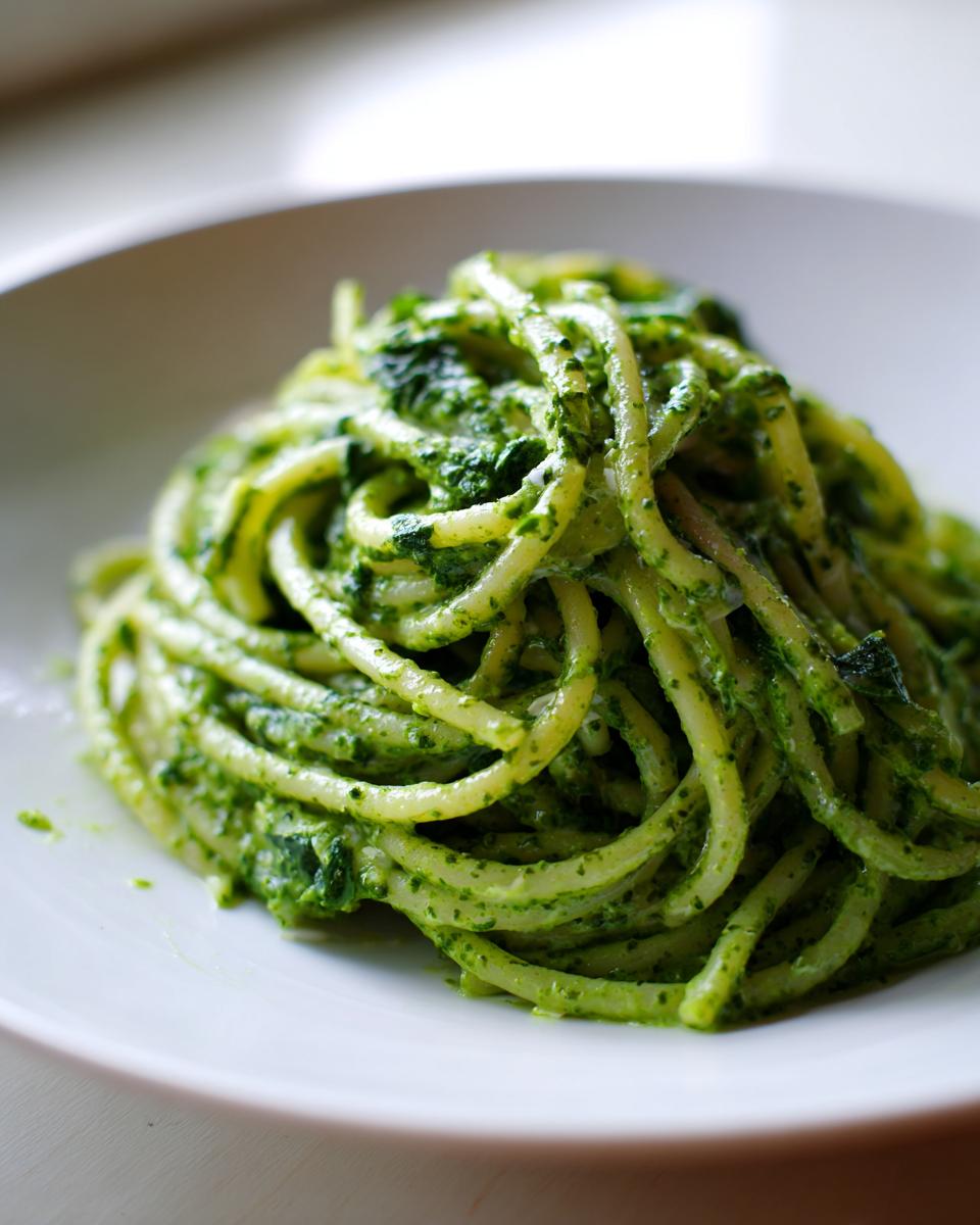 A close-up, vibrant image of creamy spinach pasta tossed in a bright green sauce, served on a white plate.