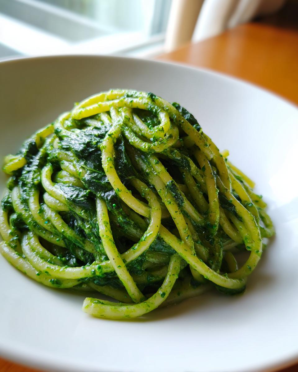 A close-up serving of creamy spinach pasta coated in a vibrant green sauce, presented in a white bowl.