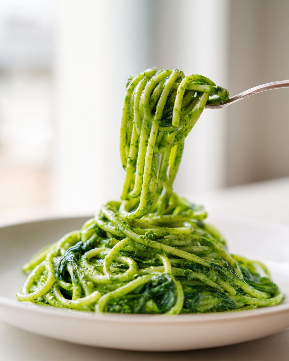 Close-up of creamy spinach pasta being twirled high on a fork above a white plate.