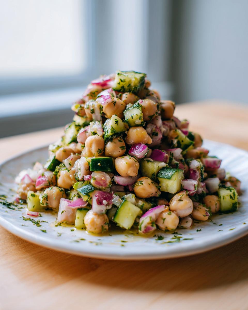 A mound of vibrant dense bean salad made with chickpeas, diced cucumber, and red onion, dressed lightly.