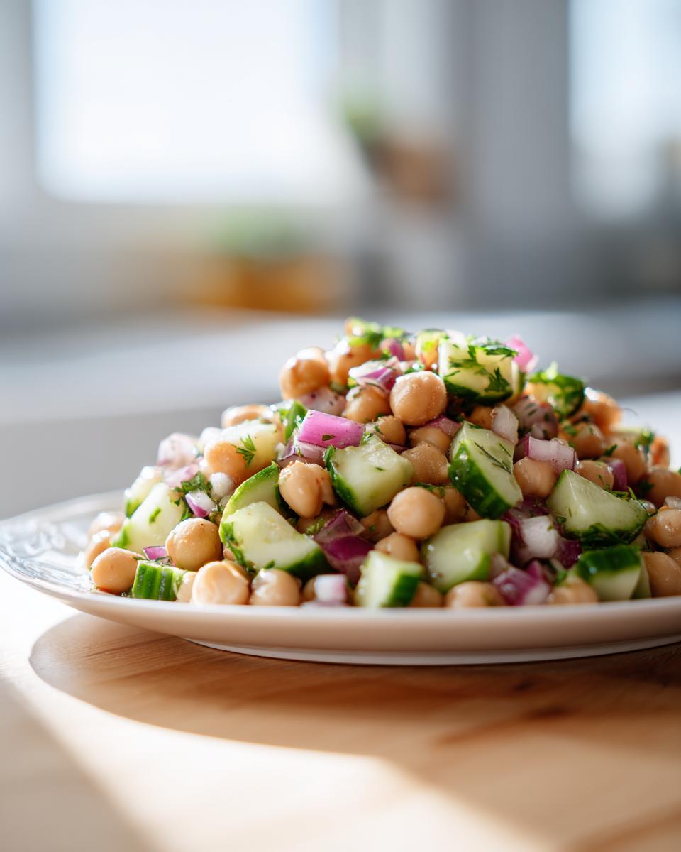 Close-up of a vibrant, dense bean salad featuring chickpeas, chopped cucumber, and red onion on a white plate.