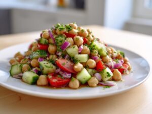 A mound of vibrant dense bean salad featuring chickpeas, cucumber chunks, red onion, and tomato wedges on a white plate.