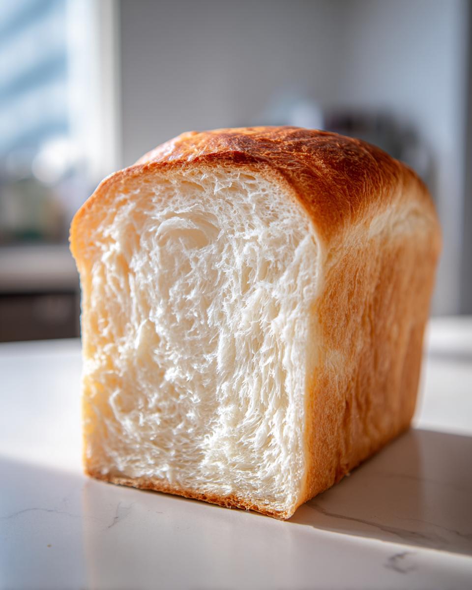 Close-up of a freshly baked loaf of milk bread, showing its incredibly soft, white, and fluffy interior crumb.