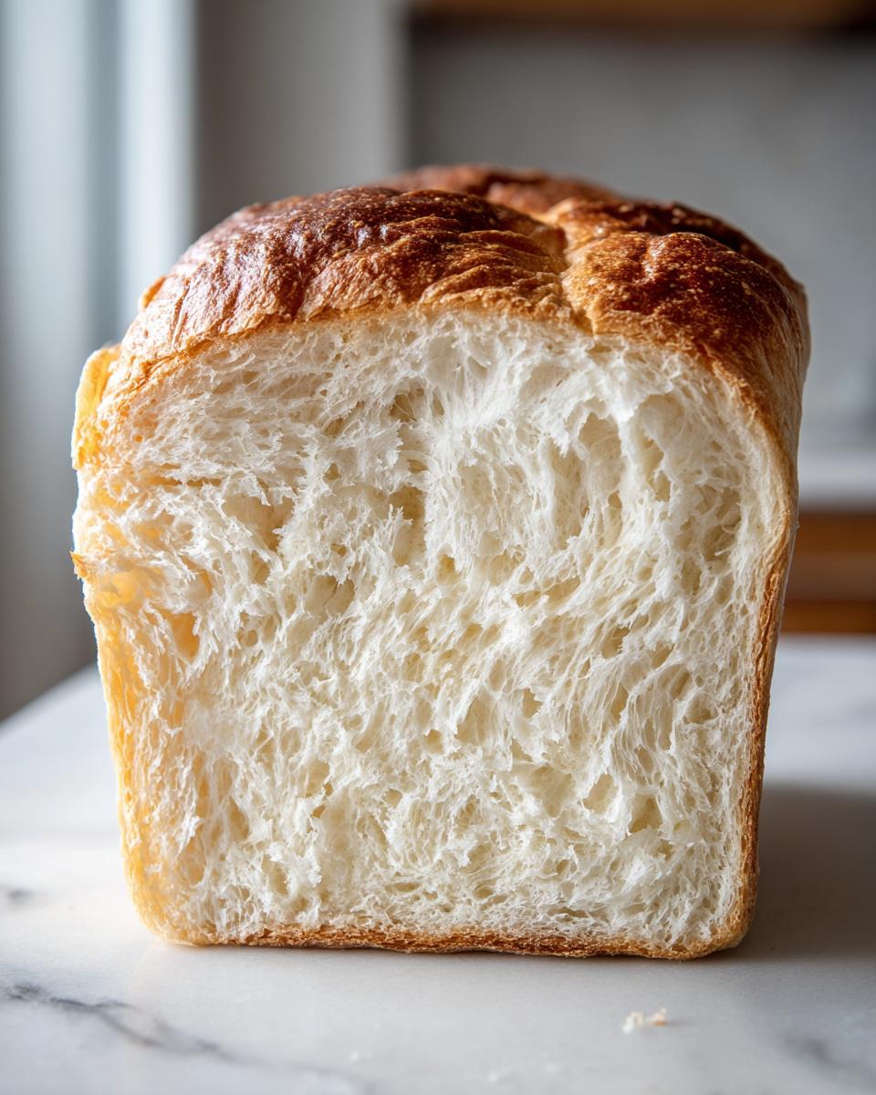 Close-up of a freshly cut loaf of soft, fluffy milk bread showing the fine, white interior crumb structure.