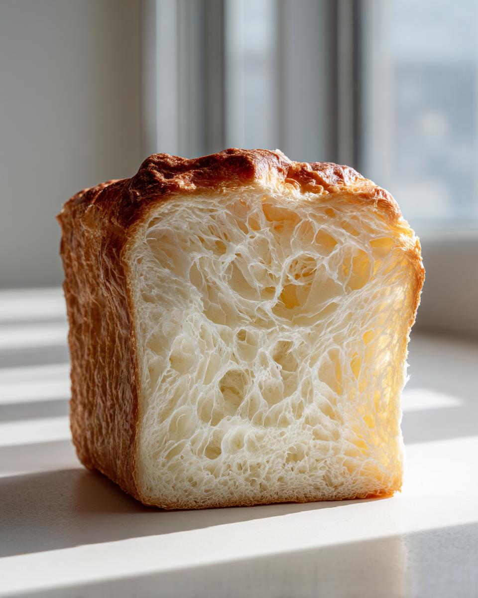 Close-up of a slice of milk bread showing its incredibly soft, fluffy, and stringy interior crumb structure.
