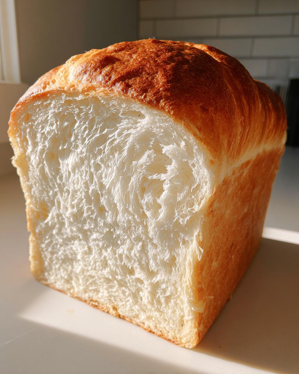 A close-up shot showing the incredibly soft, white, and fluffy interior crumb of a freshly baked milk bread loaf.