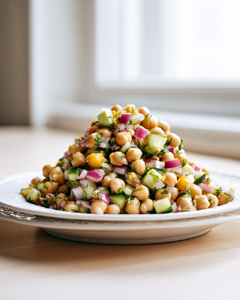 A mound of vibrant dense bean salad featuring chickpeas, diced red onion, and cucumber on a white plate.