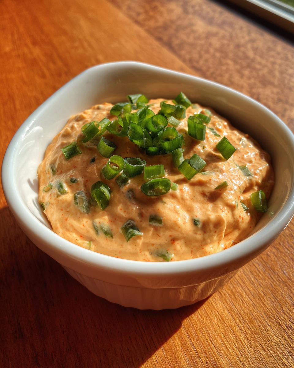 A small white bowl filled with creamy, orange-hued remoulade sauce, garnished generously with chopped green onions.
