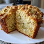 Close-up of a moist pistachio coffee cake, cut to show the crumb texture and green pistachio pieces.