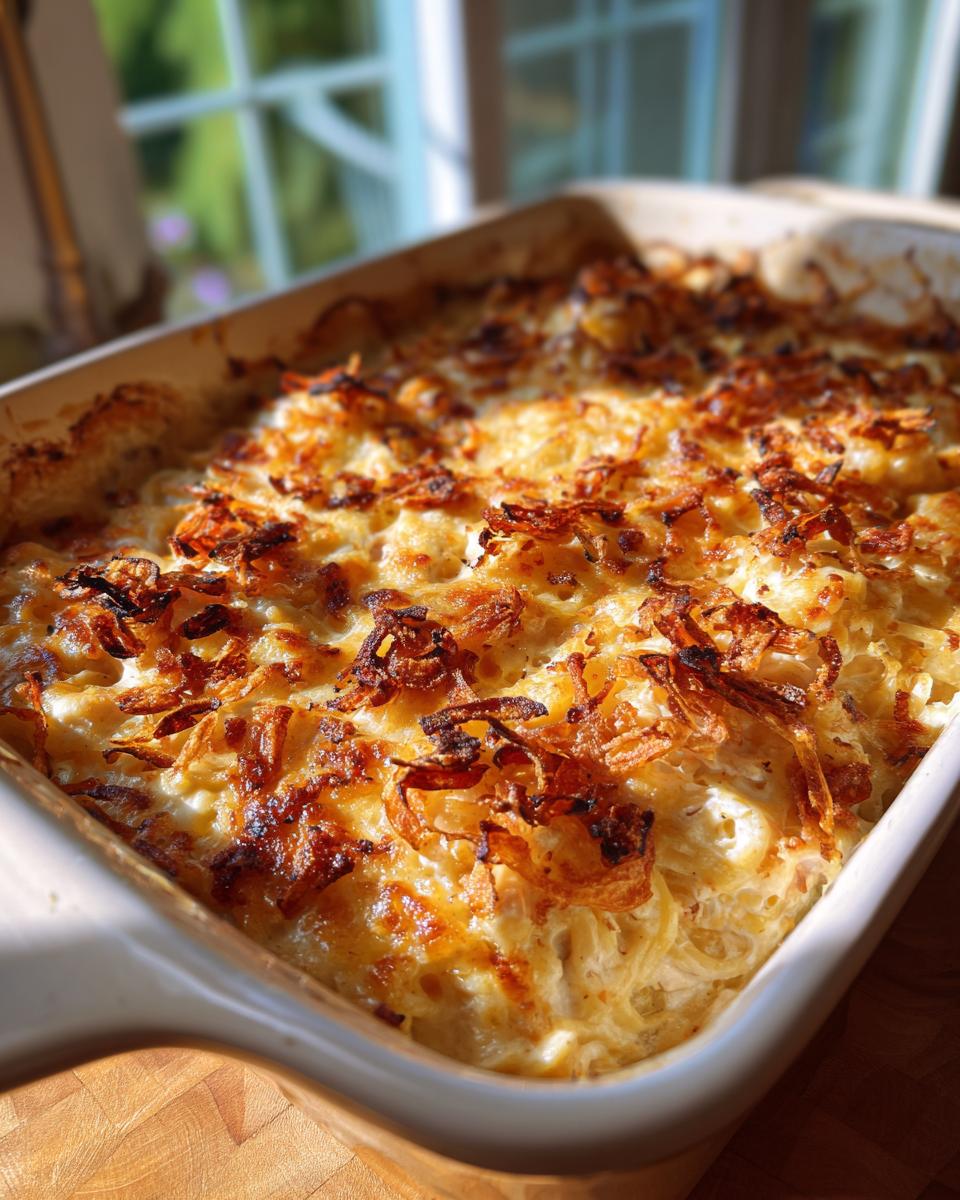 A close-up of a creamy, baked Monterey Chicken Spaghetti casserole topped with crispy fried onions.