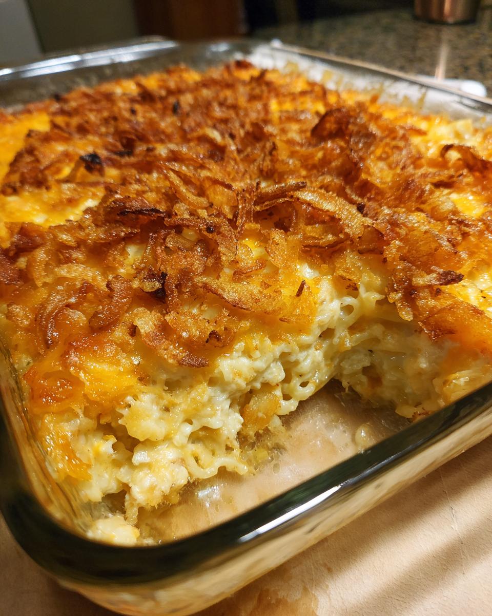 A scoop taken out of a baked Monterey Chicken Spaghetti casserole topped with melted cheese and crispy fried onions.
