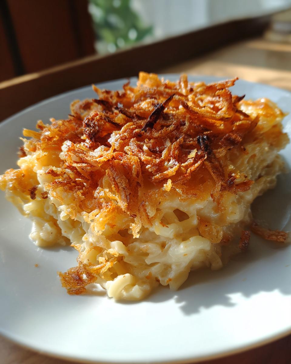 A close-up serving of creamy Monterey chicken spaghetti topped with crispy fried onions.