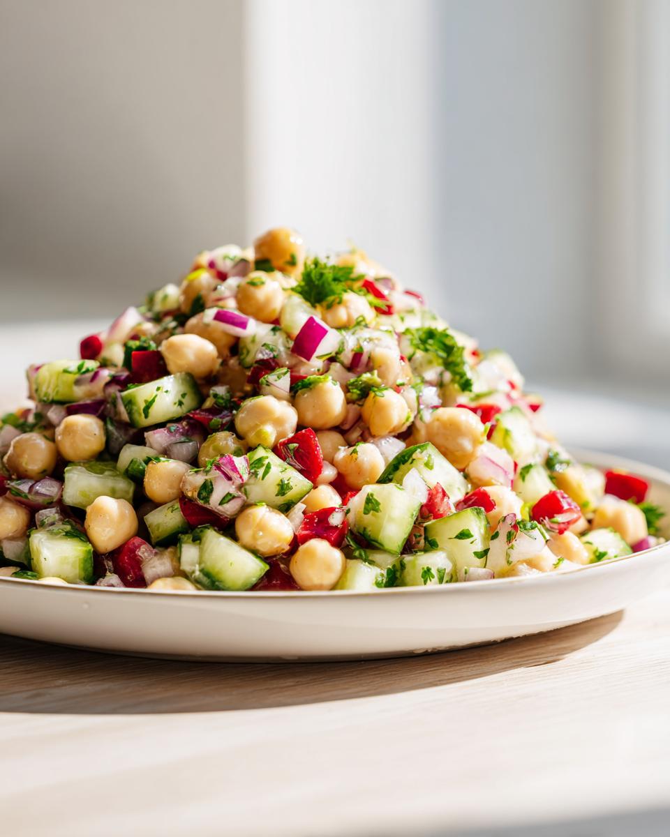 A vibrant, mounded serving of dense bean salad featuring chickpeas, diced cucumber, red onion, and herbs.
