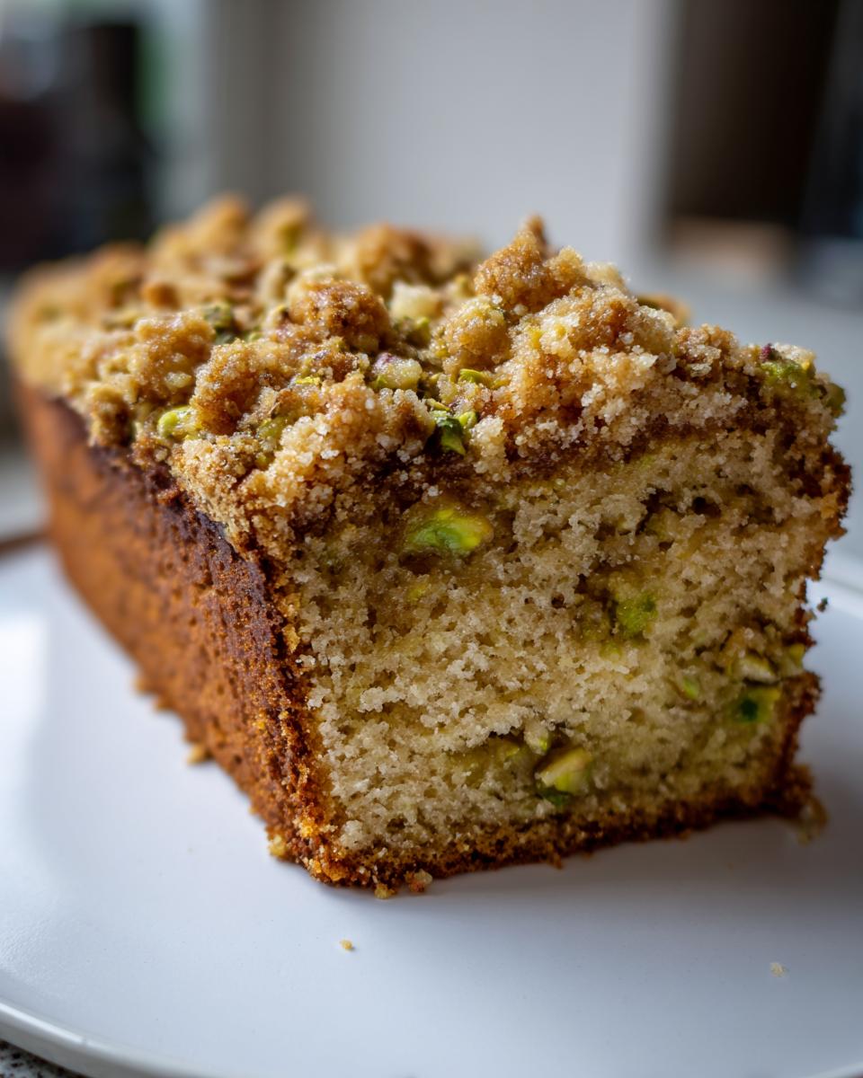 A close-up slice of moist pistachio coffee cake featuring visible green pistachio pieces and a thick, sugary crumb topping.