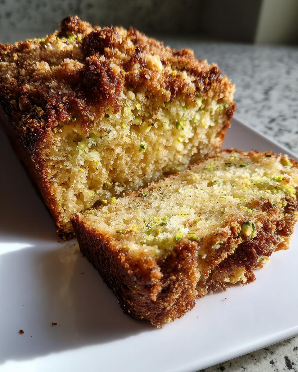 Close-up of a slice cut from a loaf of moist pistachio coffee cake showing green pistachio bits and a crunchy brown crumb topping.