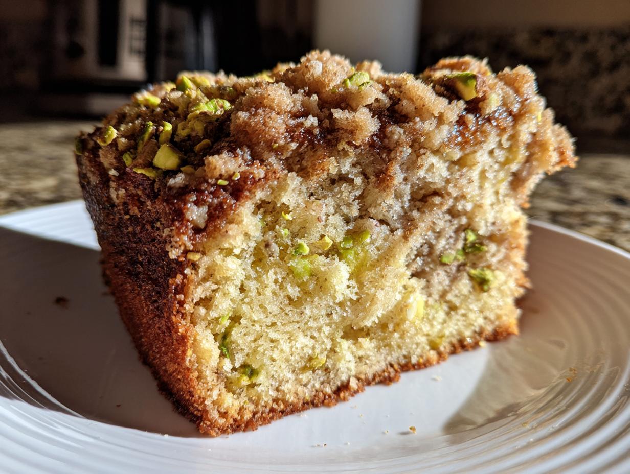 Close-up of a moist slice of pistachio coffee cake featuring a cinnamon crumb topping and visible green pistachio pieces.