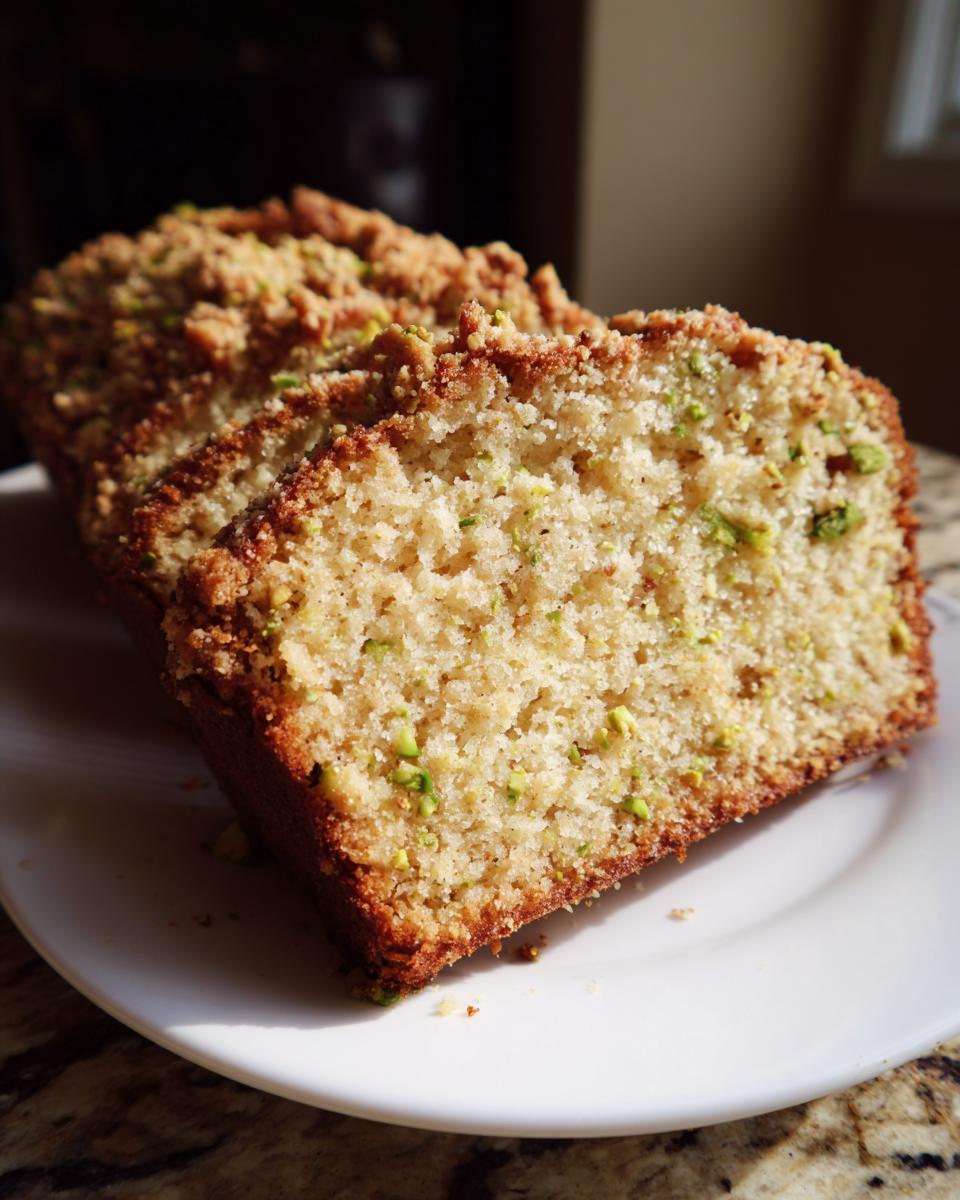 Two thick slices of moist pistachio coffee cake featuring green pistachio pieces and a golden brown crumb topping.