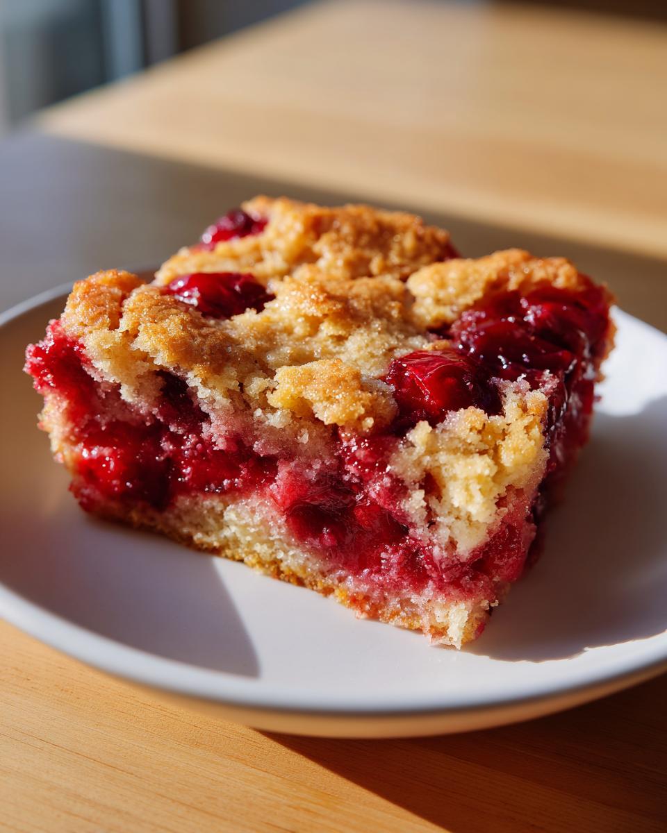 Close-up of a square slice of cherry dump cake with a crumbly topping and bright red cherry filling.