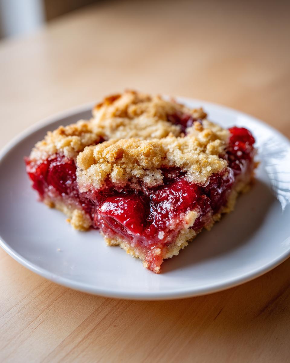 A square slice of moist cherry dump cake with a crumbly topping served on a white plate.