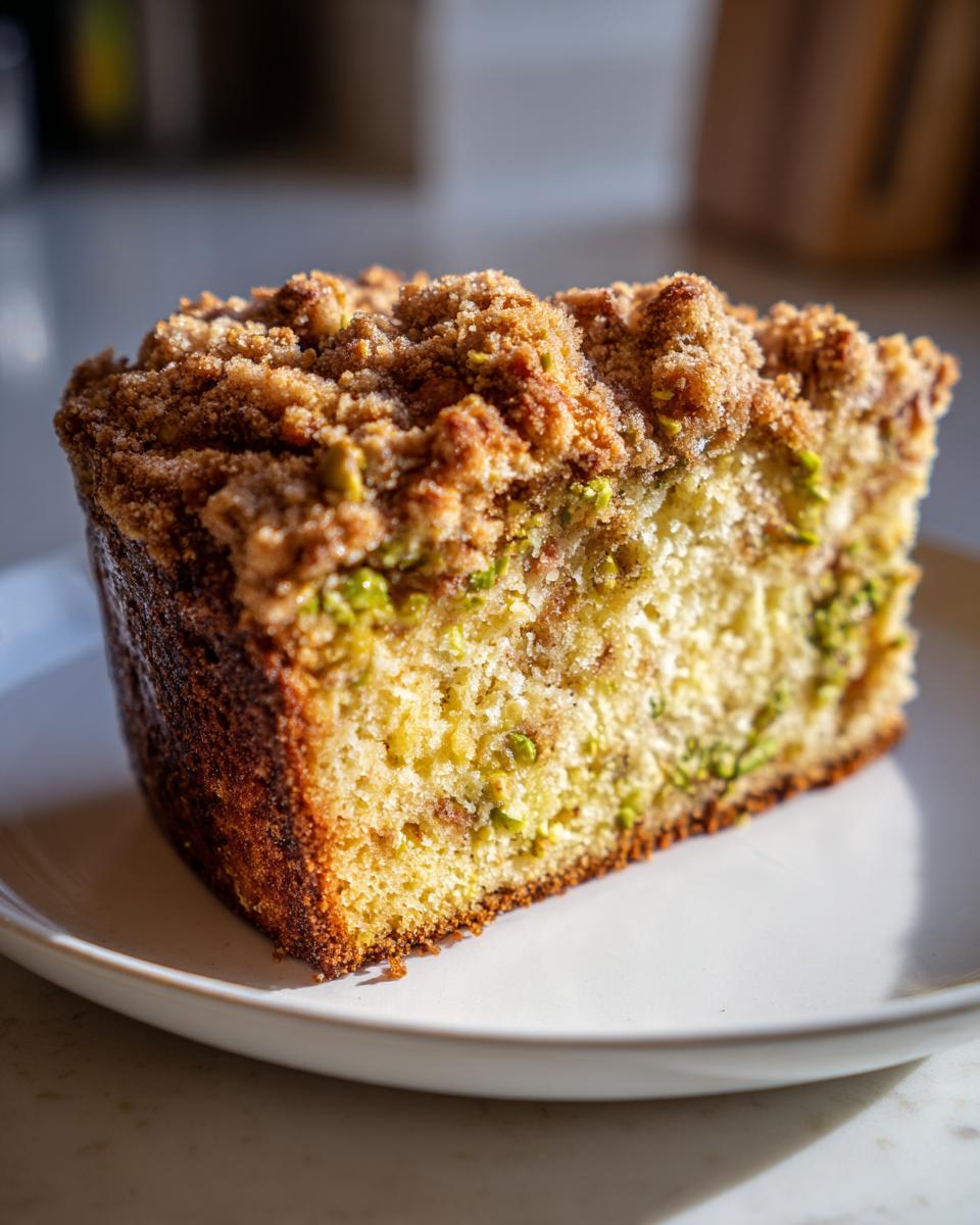 Close-up of a moist slice of pistachio coffee cake featuring green pistachio pieces and a thick, brown streusel topping.