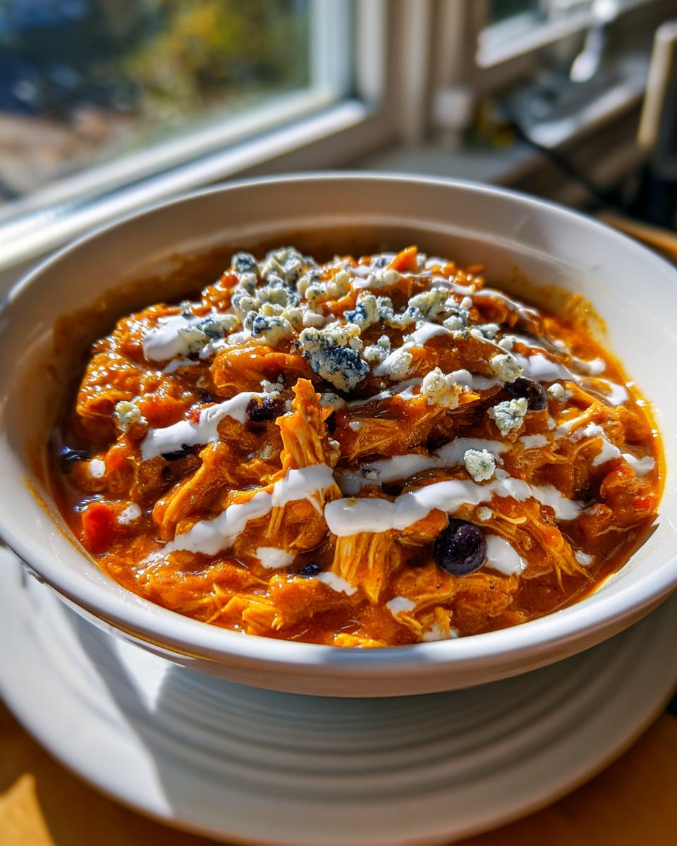 A close-up of a bowl of vibrant orange slow cooker buffalo chicken chili, topped with a swirl of ranch dressing and crumbled blue cheese.